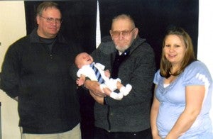From left are grandpa Aaron Bergerson, baby Jaxton David, great-grandpa La Vern Bergerson and mother Ashley Bergerson. --Submitted
