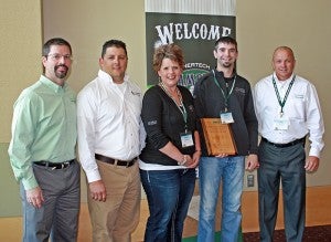 From left are Shawn Melton, vice president of sales for Geocomfort, Brian Urlaub, western sales manager for Geocomfort, Nikki Schumaker and Mark Johnson of Johnson Heating & Air Conditioning and Steve Smith, Geocomfort president. Johnson Heating & Air Conditioning won two awards at a recent Geocomfort sales conference. --Submitted