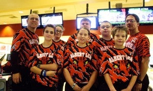 The Albert Lea junior varsity bowling team finished its season with a 3-9 record. Front row from left are Makanea Hall, Hanna Arndt and Spencer Larson. Back row from left are coach Tom Hallisy, Angela Reikins, Tanner Steckelberg, Jackson Hallisy and coach Mike Arndt. — Submitted