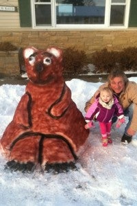 Laila Nasby, the daughter of Chelsey Schumaker, and her grandpa, Pete Schumaker, made their own version of a snowman on Sunday. They called it a bearman. --Submitted