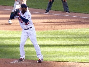 Minnesota’s Samuel Deduno prepares to throw a pitch Monday against Oakland. Deduno took the mound for 3 1/3 innings. He gave up one hit and two runs. — Tom Jones/For the Albert Lea Tribune 