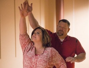 Amy Gauthier and Jeff Strom rehearse their waltz number Wednesday at Northbridge Mall. The pairing will dance this Saturday at the Dancing with the Freeborn-Mower Stars event at Albert Lea High School to benefit the Red Cross. – Colleen Harrison/Albert Lea Tribune