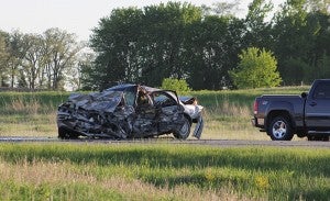 This vehicle was one of two involved in a head-on collision Wednesday night on Interstate 35 one mile north of the Iowa border. Two people died in the crash. — Sarah Stultz/Albert Lea Tribune