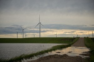 A field begins to flood onto a side road off of Minnesota Highway 13 near Bent Tree Wind Farm in Hartland Thursday evening after several days of rain. – Colleen Harrison/Albert Lea Tribune