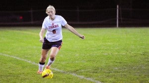 Taylor Thompson of Albert Lea dribbles the ball Tuesday in the Tigers' 2-1 home win against Mankato West. — Micah Bader/Albert Lea Tribune