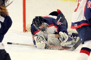 Katie Schwarz makes a save last season. So far this year, Schwarz made 60 saves and faced 65 shots. — Micah Bader/Albert Lea Tribune