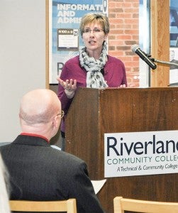 Beth McMahon from Minnesota Online Quality Initiative speaks during the program recognizing Riverland Community College for reaching 50 online courses that are Quality Matters certified. — Jenae Hackensmith/Albert Lea Tribune