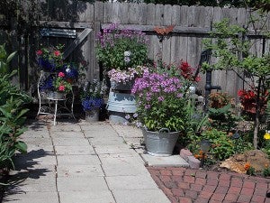 Lang repurposes a number of items for her gardens, like the old teapot filled with lobelia and ivy geraniums pictured. An old farm pump takes center stage in the garden while old washtubs have been repurposed to add height with many colorful annuals planted in it. In the back is an enameled chamber pot that is planted with begonia and celosia. - Carol Hegel Lang/Albert Lea Tribune